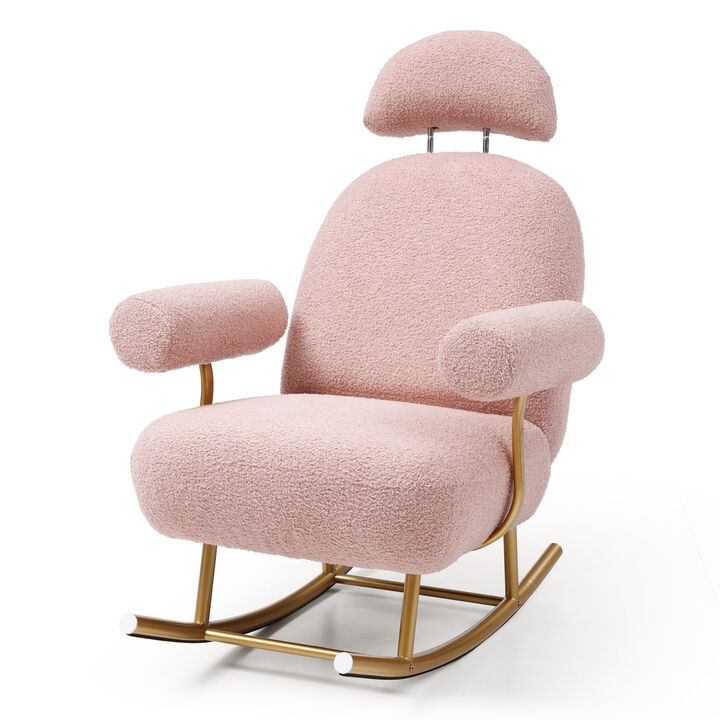 Modern Sherpa Fabric Nursery Rocking Chair, Accent Upholstered Rocker Glider Chair for Baby and Kids, Comfy Armchair with Gold Metal Frame, Leisure Sofa Chair for Nursery/Bedroom/Living Room, Dark Pink