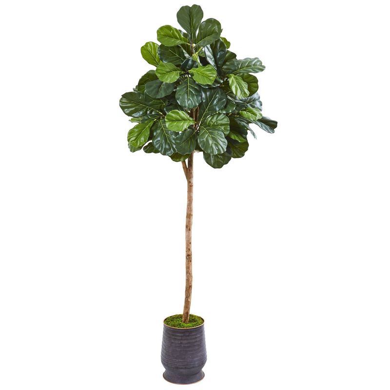 Nearly Natural 80-in Fiddle Leaf Fig Artificial tree in Ribbed Metal Planter