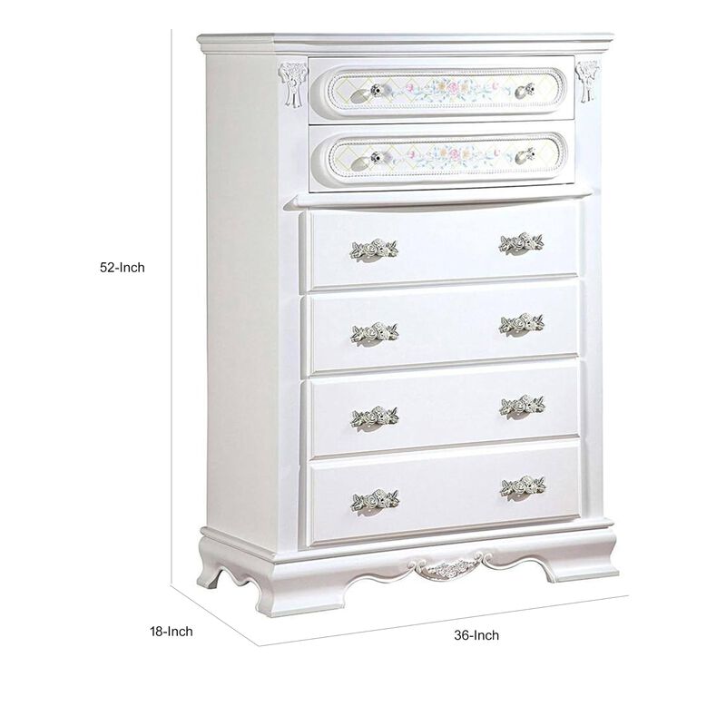 Benjara Auri 52 Inch Tall Dresser Chest, 5 Drawers, Crown Molding, White Wood