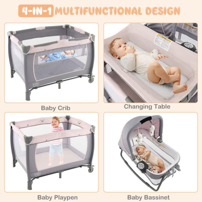 Hivvago 4-in-1 Convertible Portable Baby Playard Newborn Napper with Music and Toys