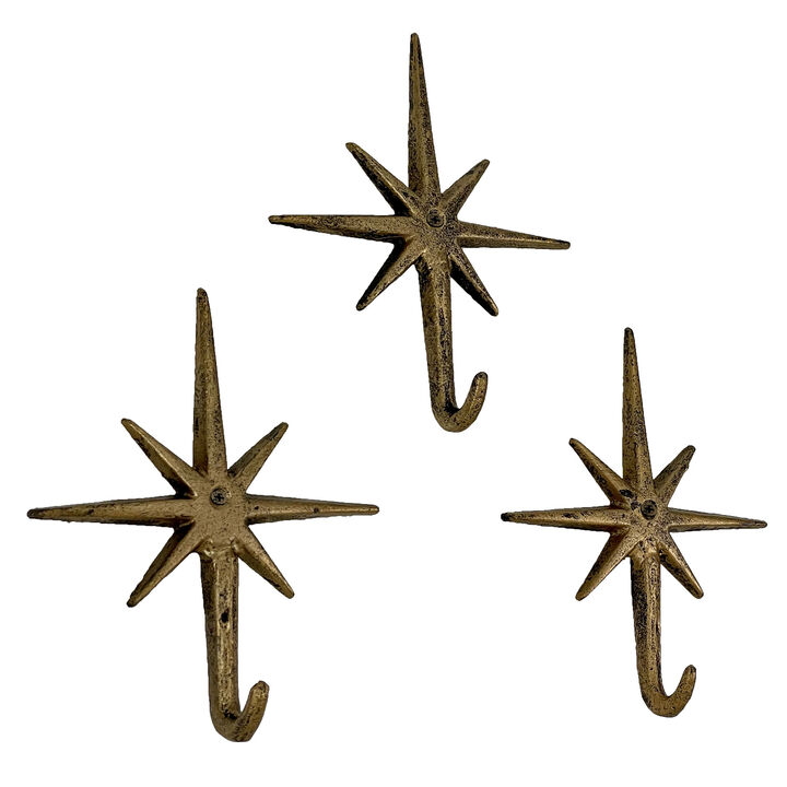 Set of 3 Gold Finish Cast Iron 8-Pointed Atomic Starburst Wall Hooks - Mid-Century Modern Elegance - Easy Install - Perfect for Vintage and Eclectic Decor
