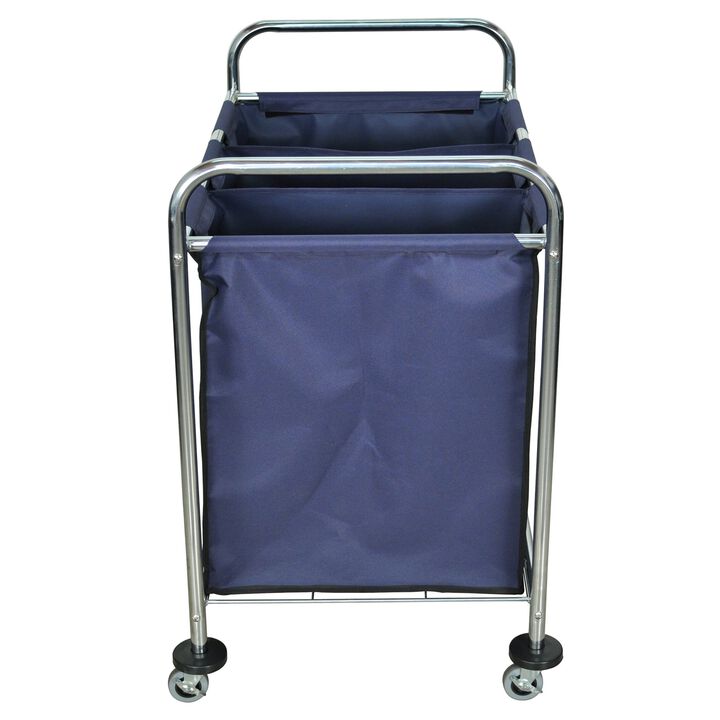 Ergode Rolling Industrial Laundry Cart with Heavy-Duty 3 Compartment Canvas Bag and Chrome-Plated Steel Frame - Navy