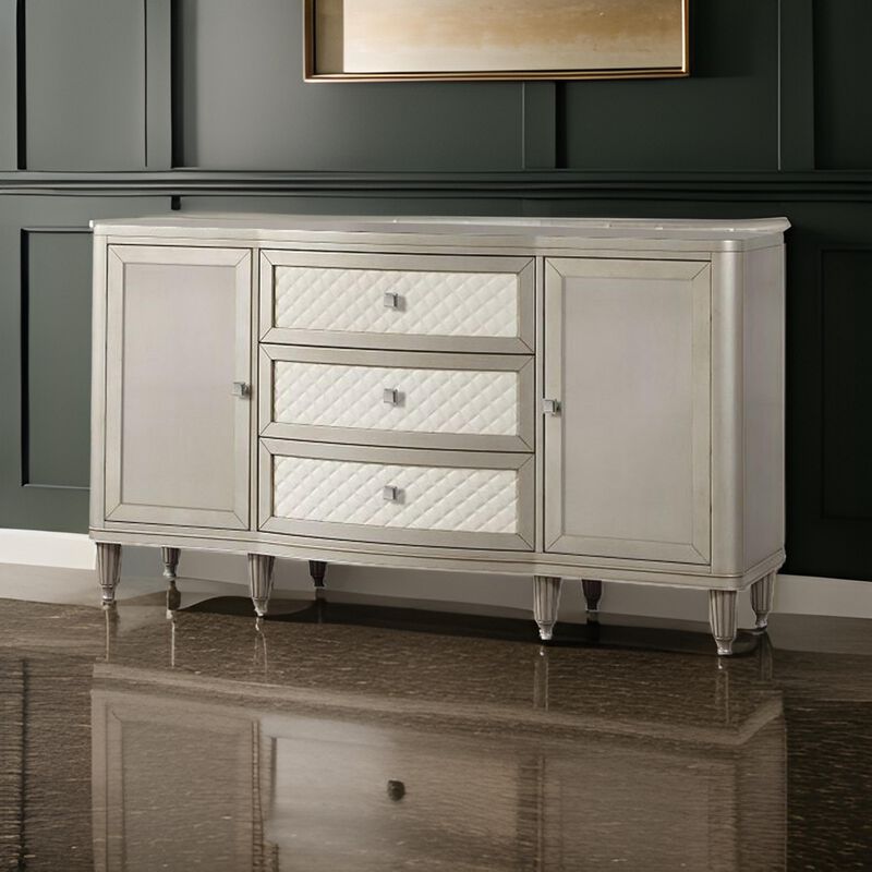 Kyna 66 Inch Sideboard Console, 3 Drawers, 2 Cabinets, Stone Top, Champagne