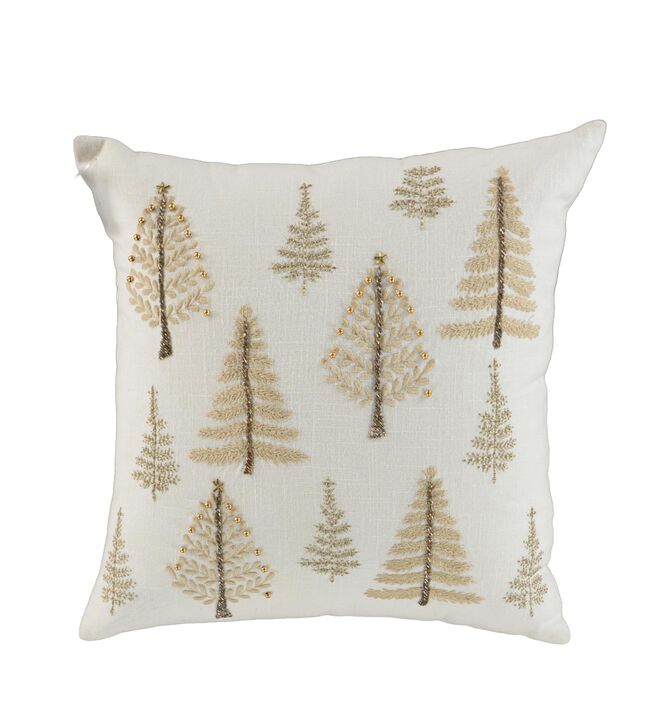 HomeRoots 18" Natural Silver And Gold Cotton Christmas Trees Throw Pillow With Beads And Embroidery