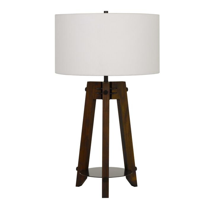 Drum Shade Table Lamp with Wooden Tripod Base, White and Brown - Benzara