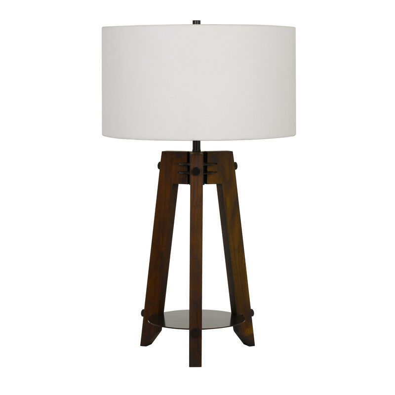 Drum Shade Table Lamp with Wooden Tripod Base, White and Brown - Benzara