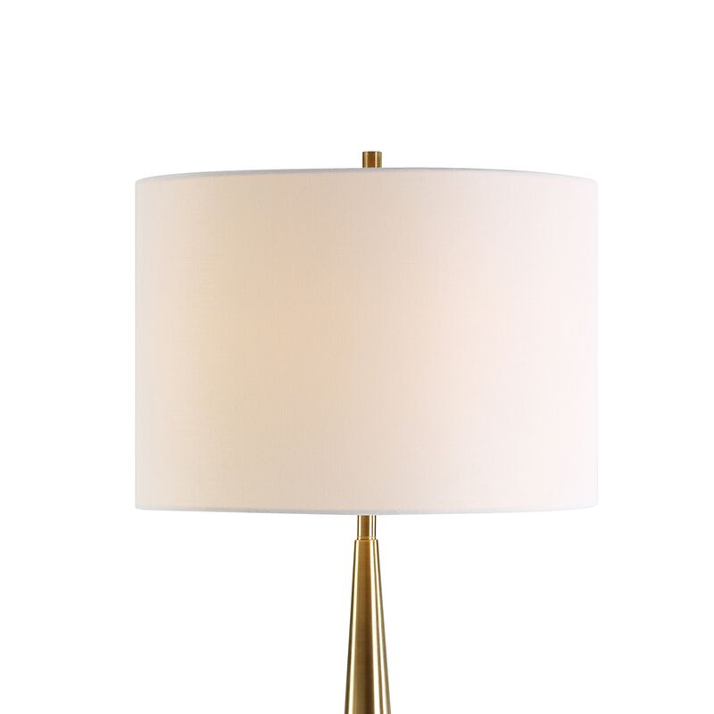 Modern Accent Table Lamp, White Linen Drum Shade, Gold Metal Tapered Base - Benzara