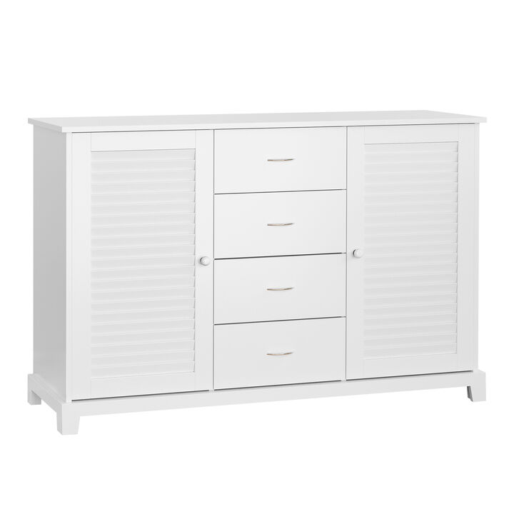 HOMCOM Sideboard Buffet Cabinet, Kitchen Cabinet, Coffee Bar Cabinet with 4 Drawers and 2 Louvered Doors for Living Room, Kitchen, White