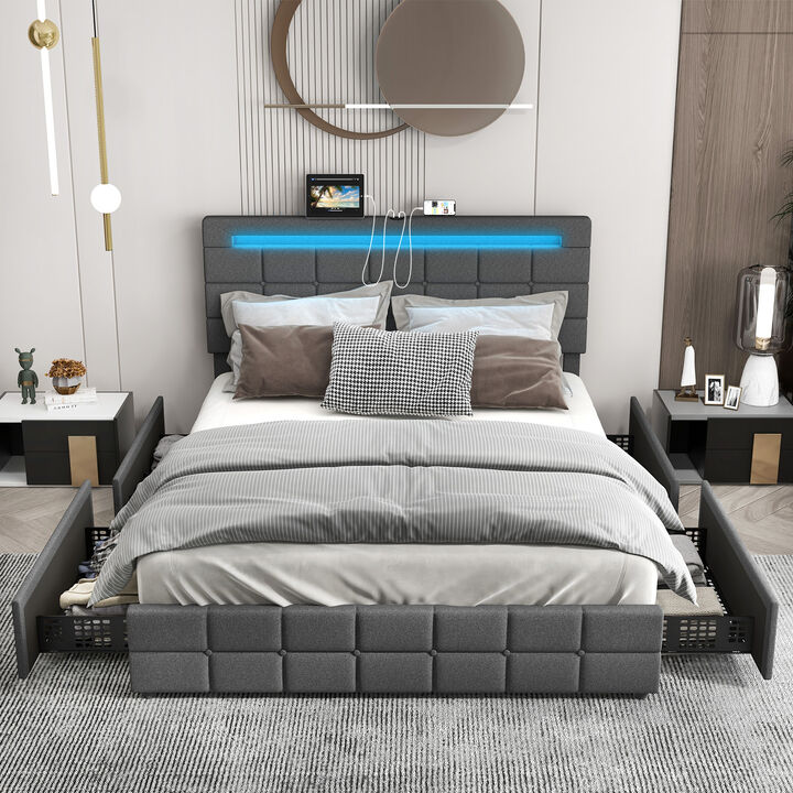 Upholstered LED Bed Frame with Headboard and 4 Drawers