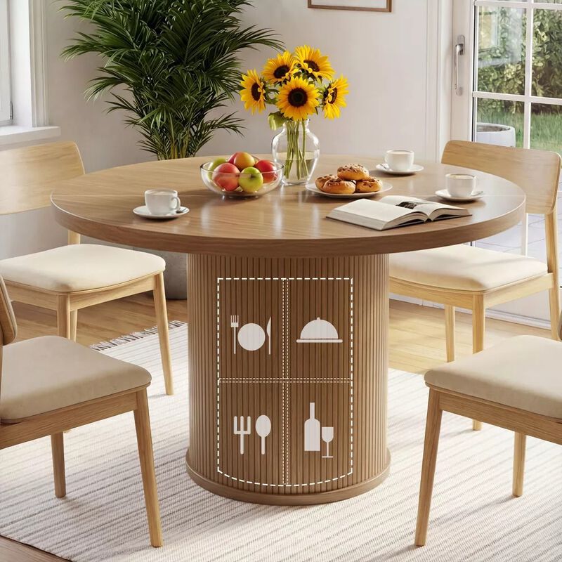 Vipbear 35.43" Round Dining Table for 4, Modern Wooden Kitchen Table with Built-in Storage Shelves image number 9