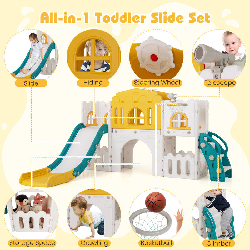 All in 1 Toddler Play set with Slide, Tunnel, Ladder and Basketball Hoop-Yellow image number 6
