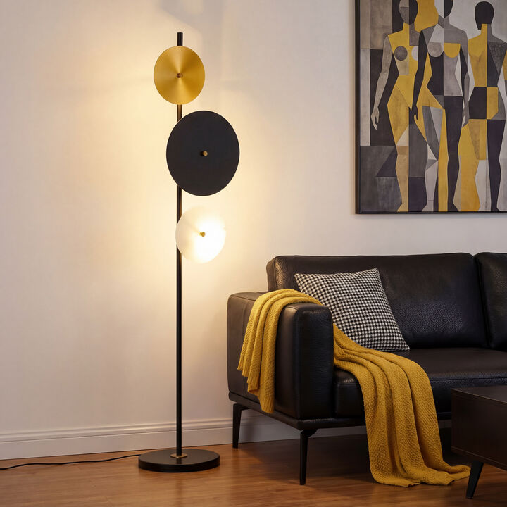 62.72 in. Mid-Century Modern 3-Light Black and Brass Floor Lamp