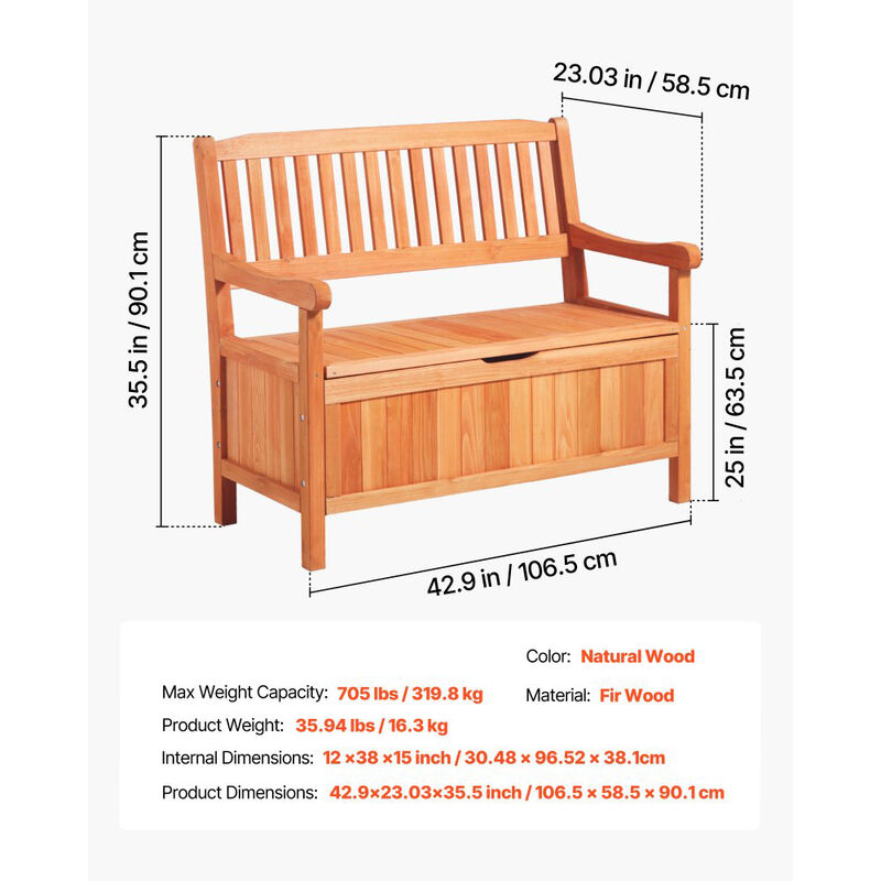 Outdoor Storage Bench, 2-Person Wooden Deck Box with Side Handles, Weatherproof image number 2