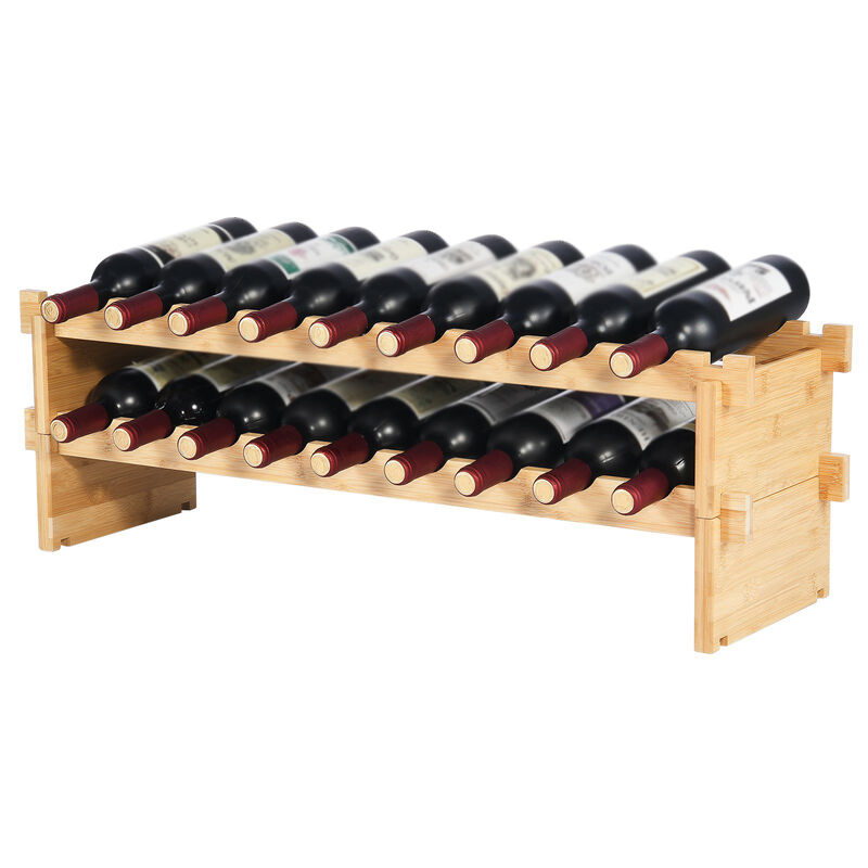 18 Bottle Stackable Modular Wine Rack Wicker Wood Display Shelf 2-Tier