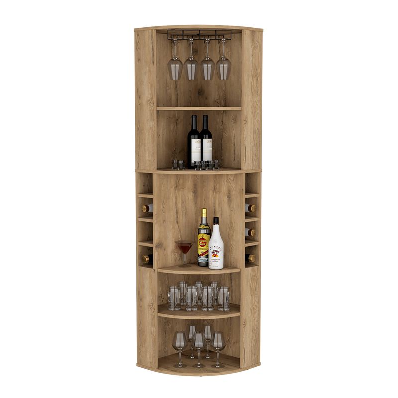 Agra 71" Corner Bar Cabinet with Five Shelves, Eight Bottle Cubbies and Stemware,Black,Living Room