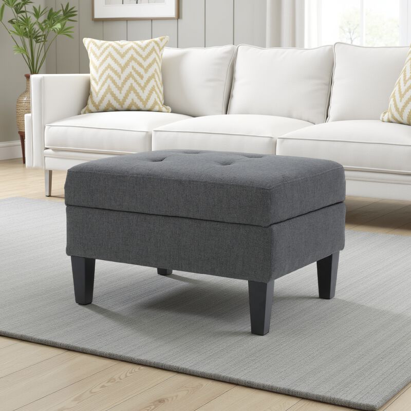 Ramya Ottoman with Hidden Storage, Gray Waffle Tufted Fabric 28 Inch