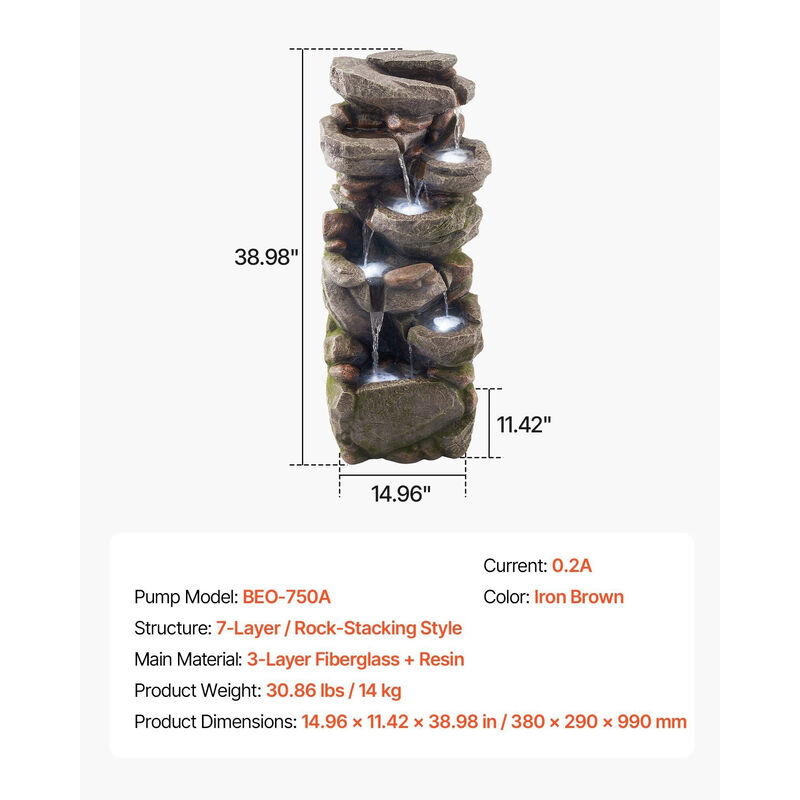 7-Tier Outdoor Water Fountain with LED Light, Rock Cascading Design for Garden Patio image number 2