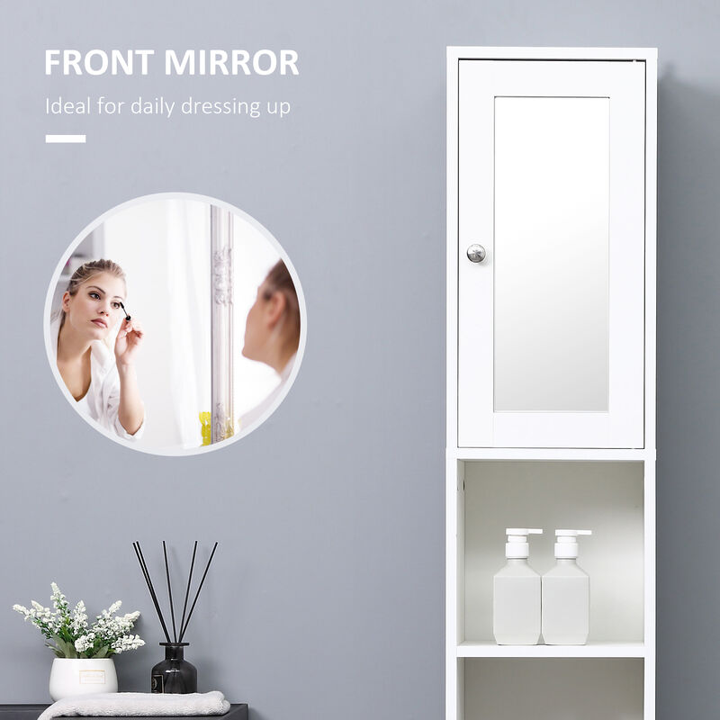 71" Wooden Tall Narrow Bathroom Floor Storage Towel Cabinet w/ Mirror, White