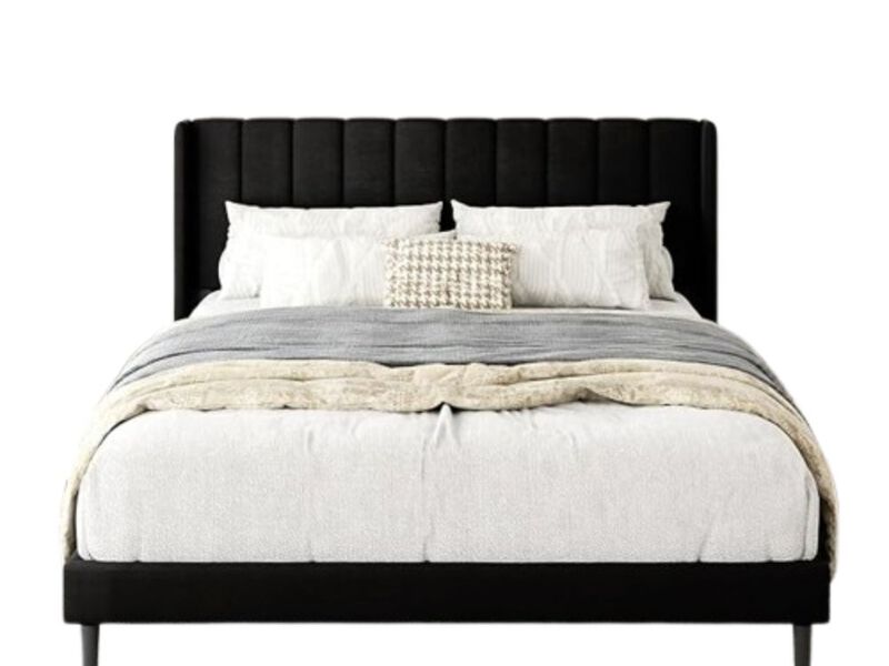 Queen Size Bed Frame With Upholstered Wingback Headboard, Easy Assemnly Platform Bed, Wooden Slat Support No Box Spring Needed, Black Velvet