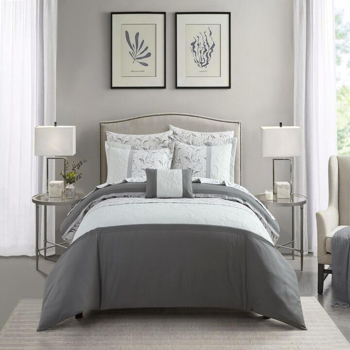 Chic Home Ava Comforter Set Color Block Floral Pleated Stitching Print Bed In A Bag 8 Piece Grey