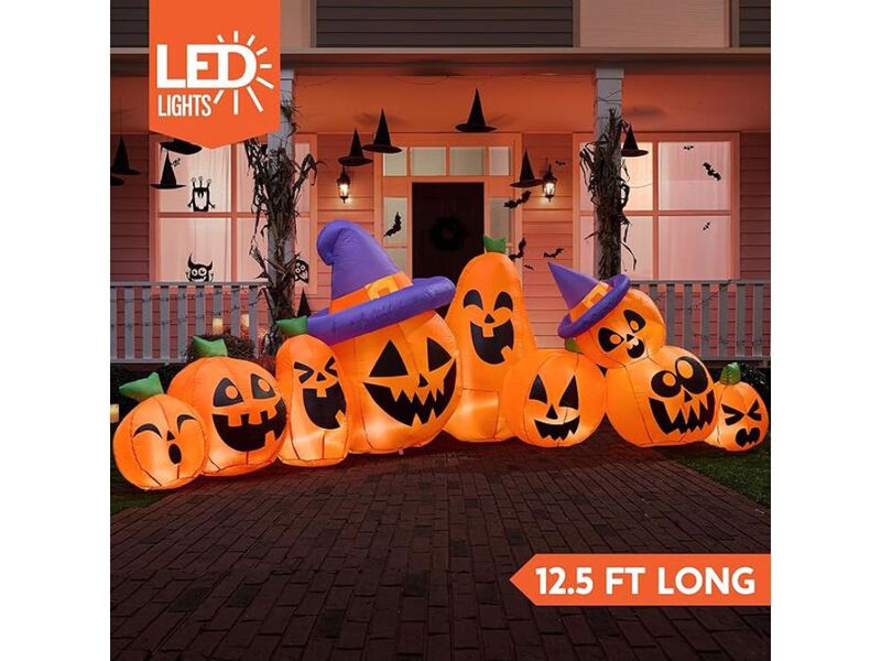 12.5FT Halloween Inflatable Pumpkin Cluster with Witch Hat – Blow-Up Yard Decor with Built-in LEDs for Lawn, Garden & Party Display