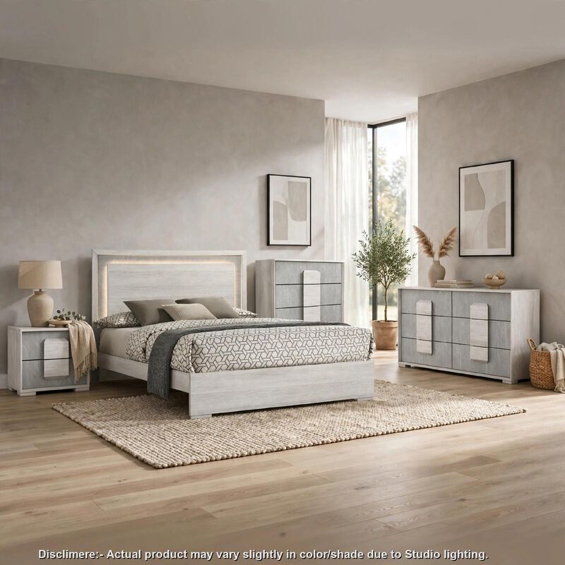 Queen Bedroom Set, White Wash and Stone Gray, 4 Piece Set with Chest, Dresser, and Nightstand image number 1