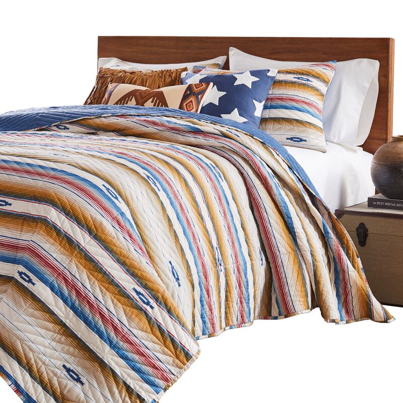 Rey 3pc Cal King Quilt and Pillow Sham Set, Ivory Multicolor Chevron Design - Benzara