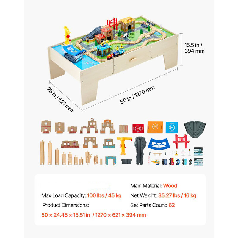 Kids Train Table with 62 Piece Wooden Train Set and Storage Drawer image number 2