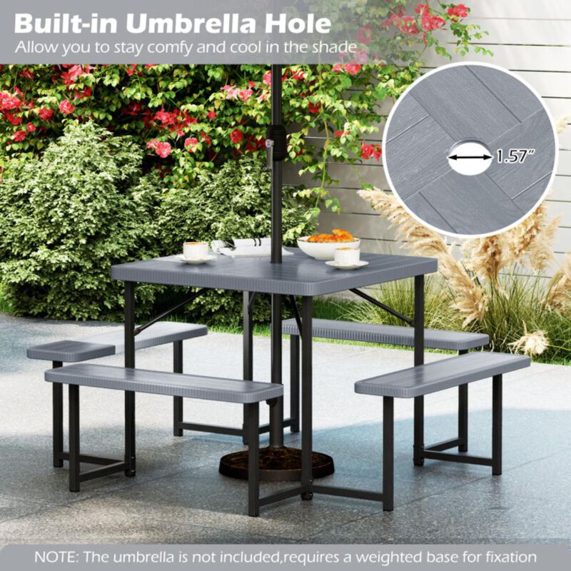 Hivvago Outdoor Square Picnic Table Bench Set for 4-8 People with Umbrella Hole