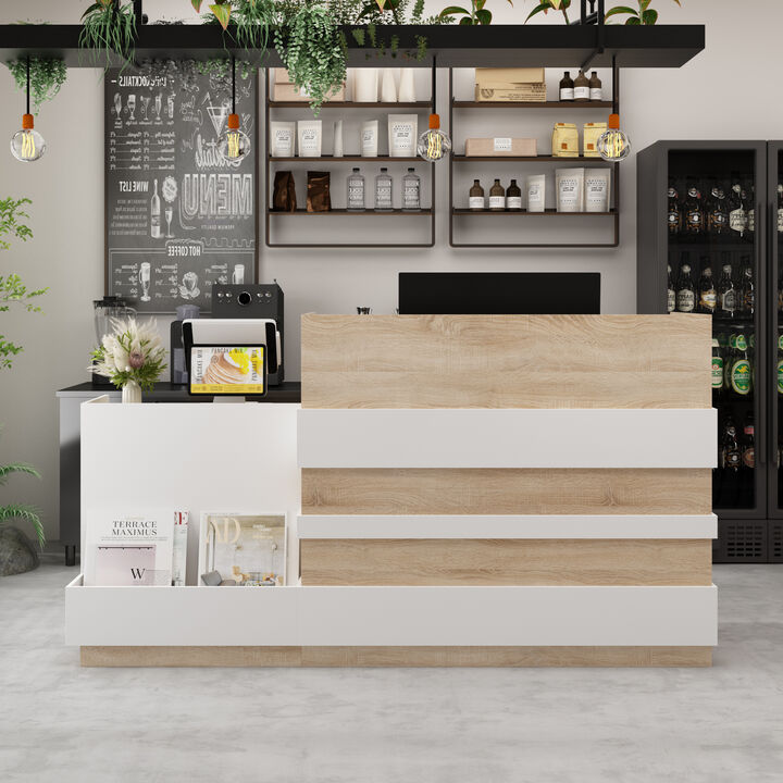 Reception Desk with Drawer & Cabinet, Reception Counter Desk with Keyboard Tray, Front Reception Table Retail Counter for Checkout, for Office Store, Oak and White, 25.2”D x 87.2”W x 47.2”H
