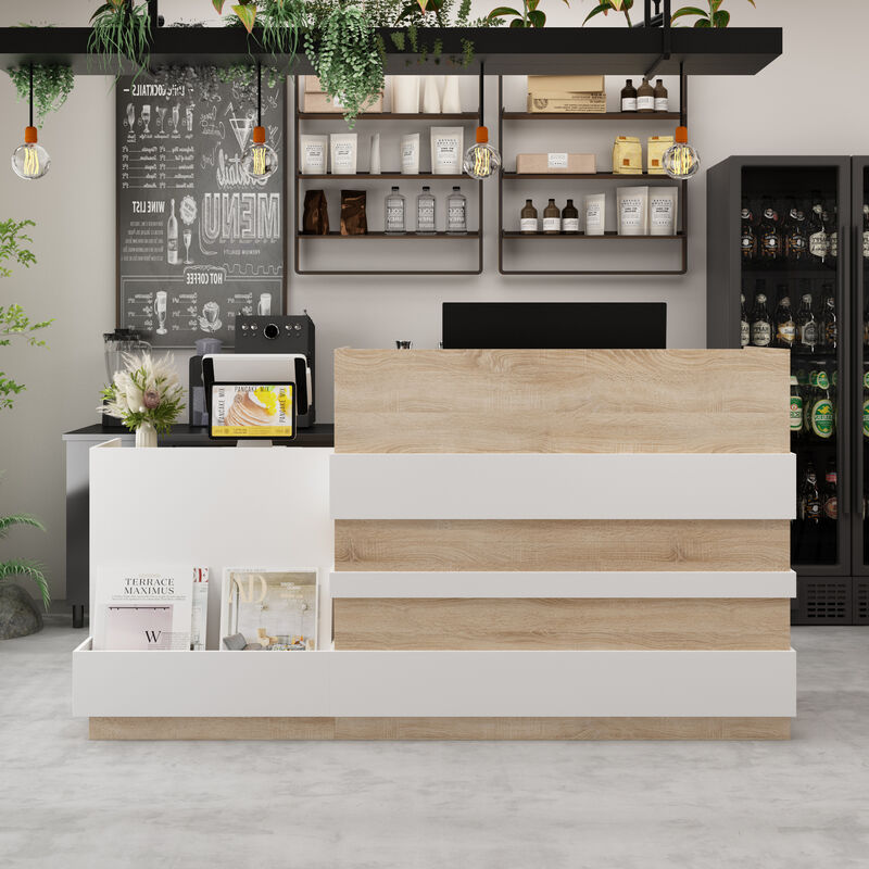 Reception Desk with Drawer & Cabinet, Reception Counter Desk with Keyboard Tray, Front Reception Table Retail Counter for Checkout, for Office Store, Oak and White, 25.2”D x 87.2”W x 47.2”H