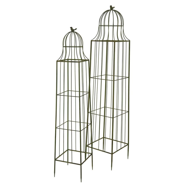 Meryl Plant Trellis Set of 2, Garden Tall Cage Design, Green Metal - Benzara