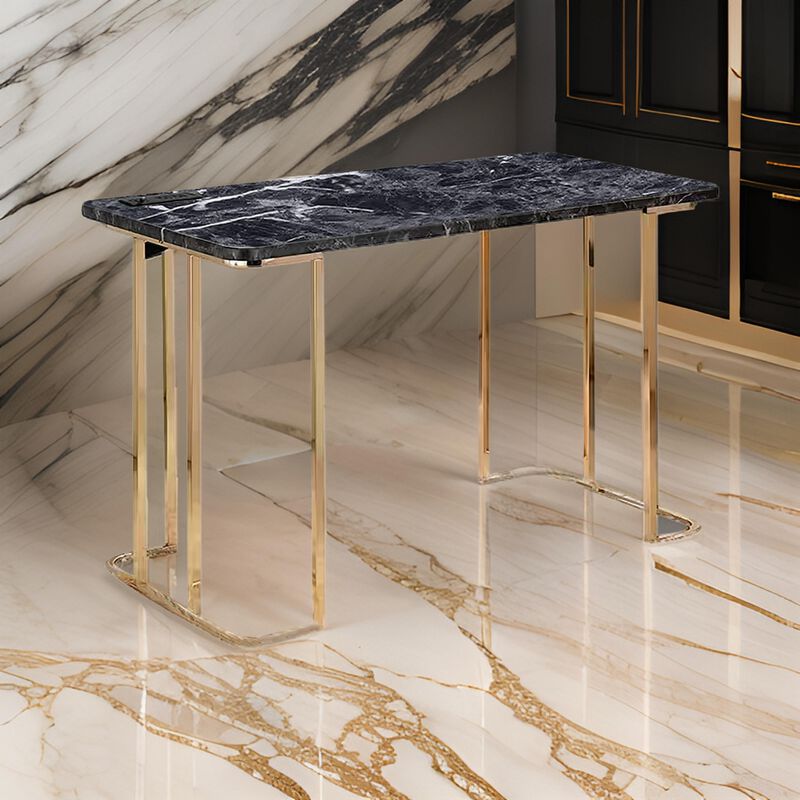 Jenny 47 Inch Desk, USB Power Outlet, Gold Metal Legs, Black Faux Marble - Benzara