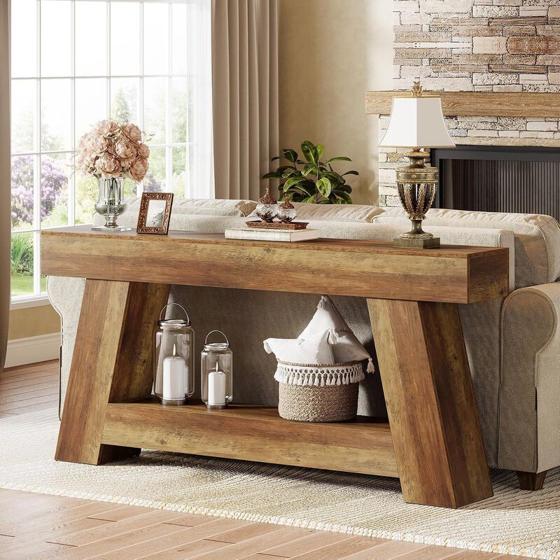 Tribesigns Farmhouse 2-Tier Wood Console Table with Storage Shelf image number 1