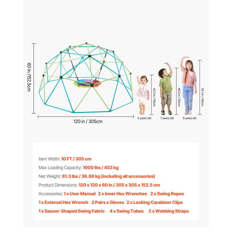 Geometric Climbing Dome with Swing Seat, Outdoor Playground Equipment for Kids Backyard-Multi Color image number 2