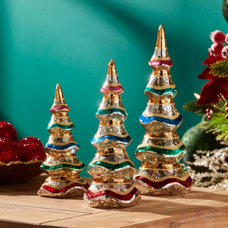 Set of 3 Multicolor Mercury Glass Trees &ndash; Holiday Pine Tree Figurines for Mantel, Shelf, or Centerpiece Decor