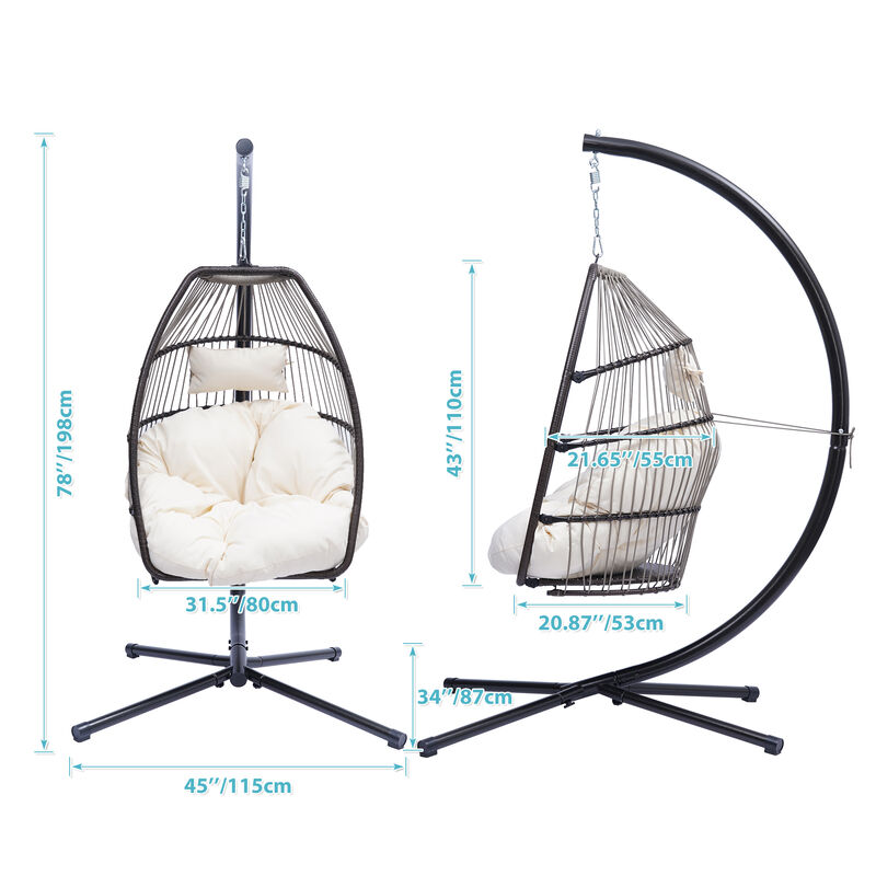 Outdoor Patio Wicker Folding Hanging Chair - Rattan Swing Hammock Egg Chair with C Type Bracket - Includes Cushion and Pillow