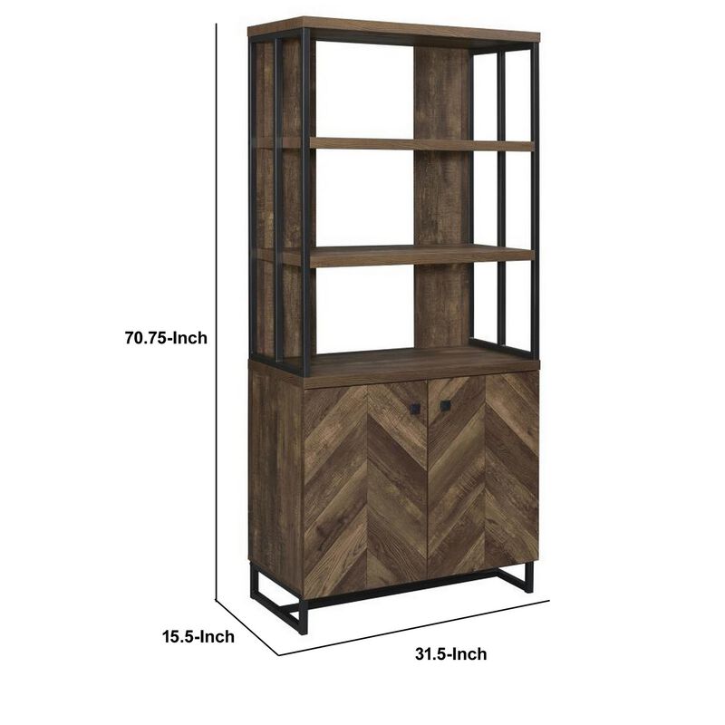 Wooden Bookcase with 3 Tier Shelves and 2 Doors, Brown-Benzara