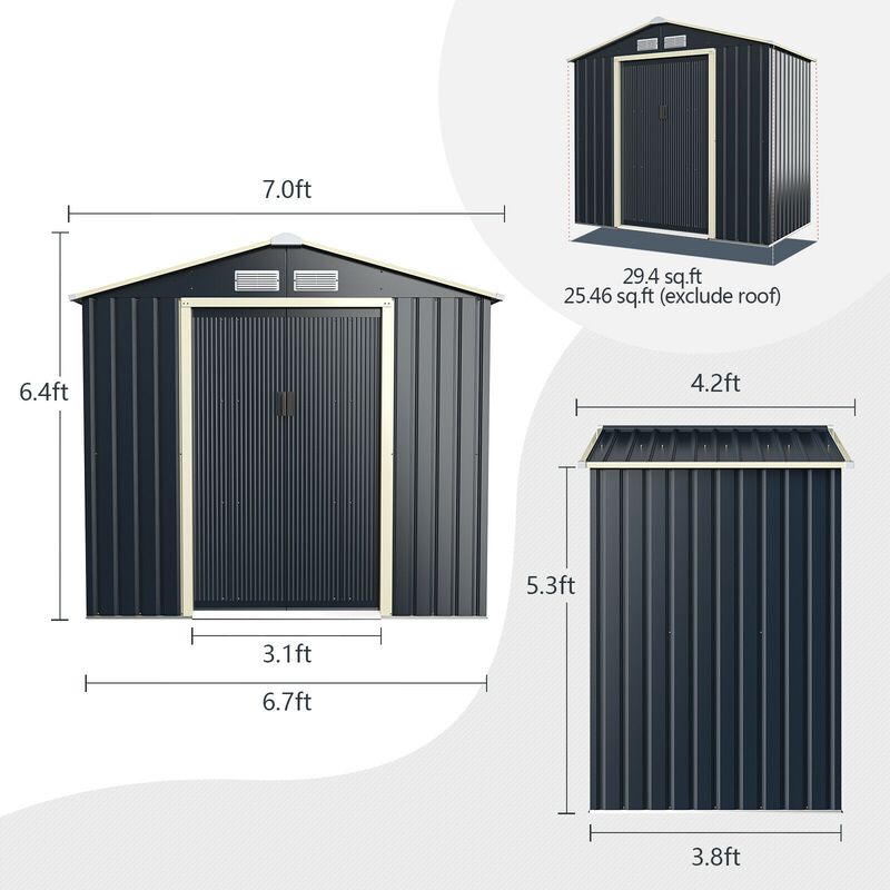 7 Feet x 4 Feet Metal Storage Shed with Sliding Double Lockable Doors-Gray