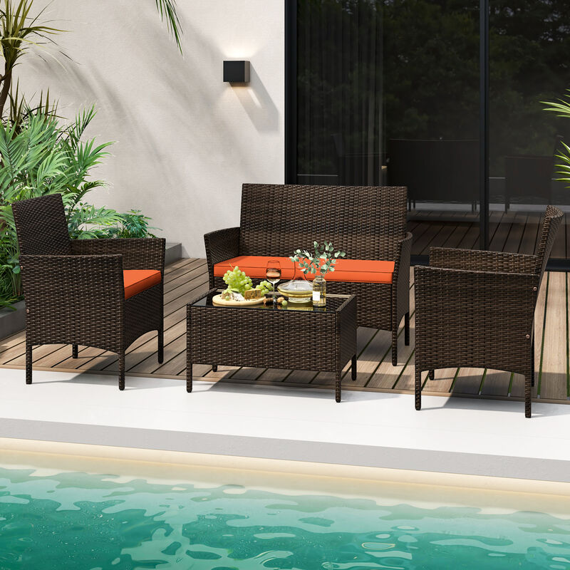4 Piece Patio Rattan Conversation Set with Cozy Seat Cushions