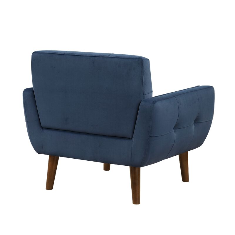Roa Accent Armchair, Navy Blue Velvet, Tufted Back w Tapered Legs