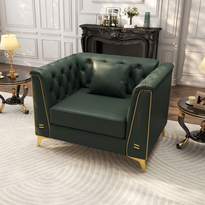 Chesterfield Accent Chair, Faux Leather Button Tufted Rolled Arm Chair, Modular 1 Seater with Metal Trim and Tapered Legs