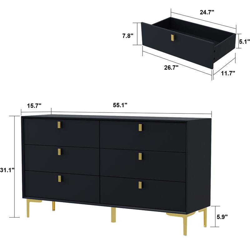 White 6-Drawers 55.1 in. Width Classic Wooden Chest of Drawers, Dresser, Storage Cabinet with Golden Legs and Handles