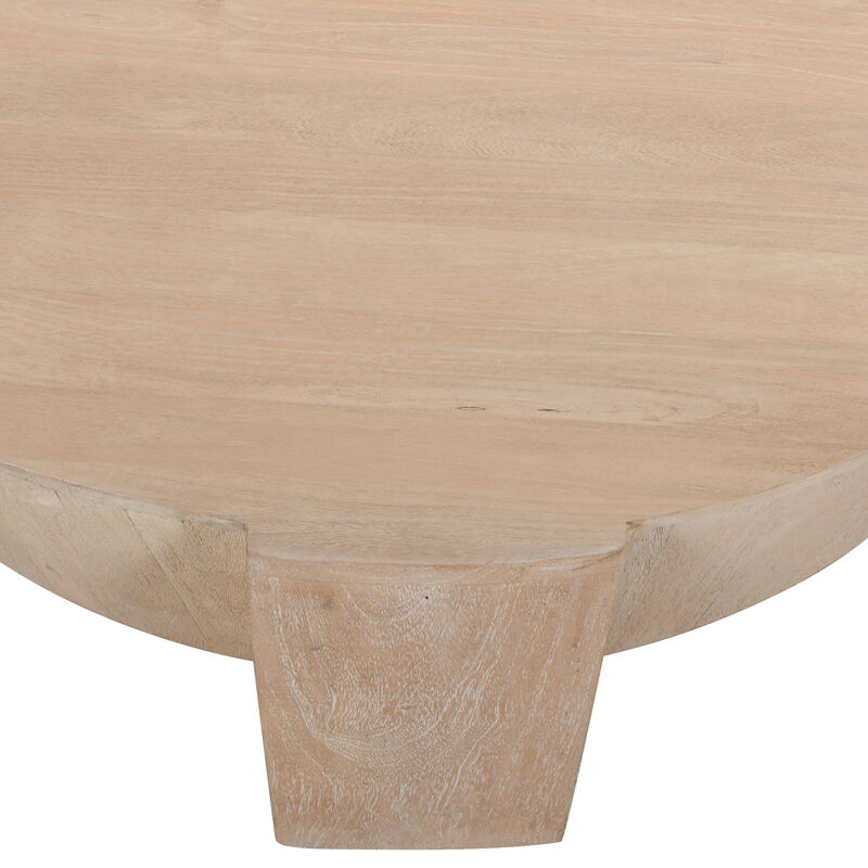 Joana Coffee Table, 35 Inch Round Drum Shape with 3 Legs, Sandblasted Natural Brown Mango Wood