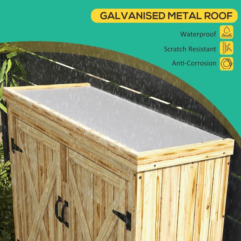 Outsunny Wooden Garden Shed, Outdoor Storage Cabinet with Waterproof Galvanized Metal Roof, Narrow Tool Shed with 3 Shelves and Lockable Door, Natural