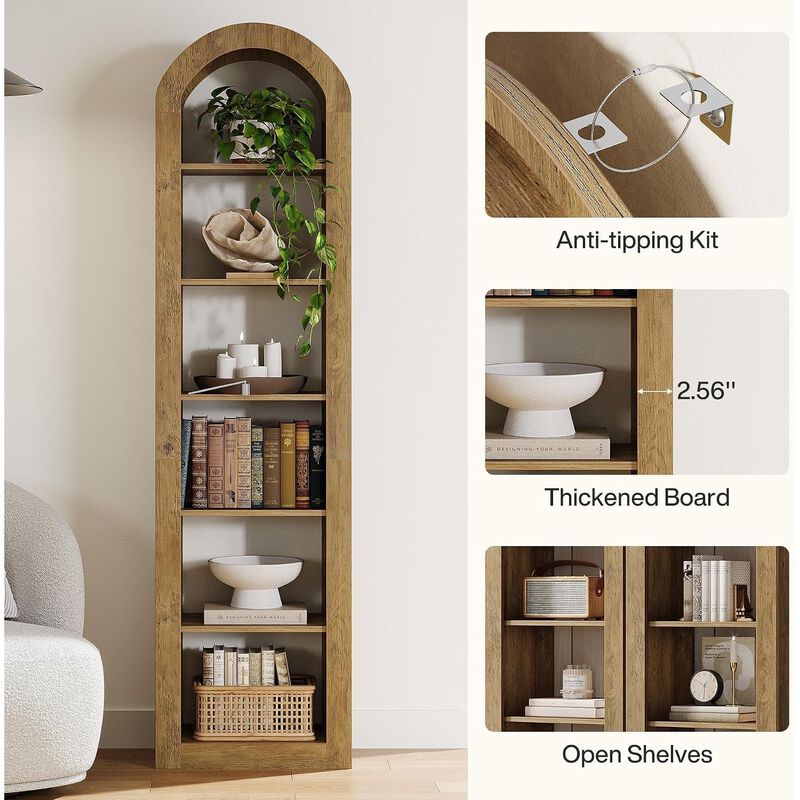 Tribesigns 74.8" Arched Bookshelf 6-Tier Narrow Open Bookcase image number 6
