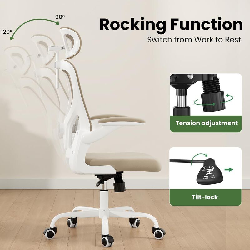 Petrimins Mesh Office Chair with 3-Way Adjustable Headrest & Lumbar Support, Swivel Desk Chair with Flip-up Arms for Home Office image number 4