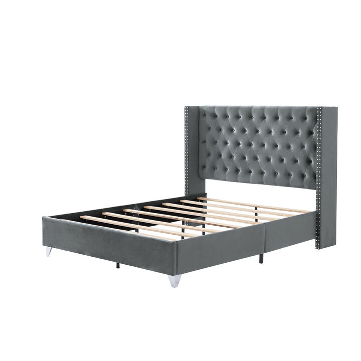 Queen bed, Button designed Headboard, strong wooden slats + metal legs with Electroplate