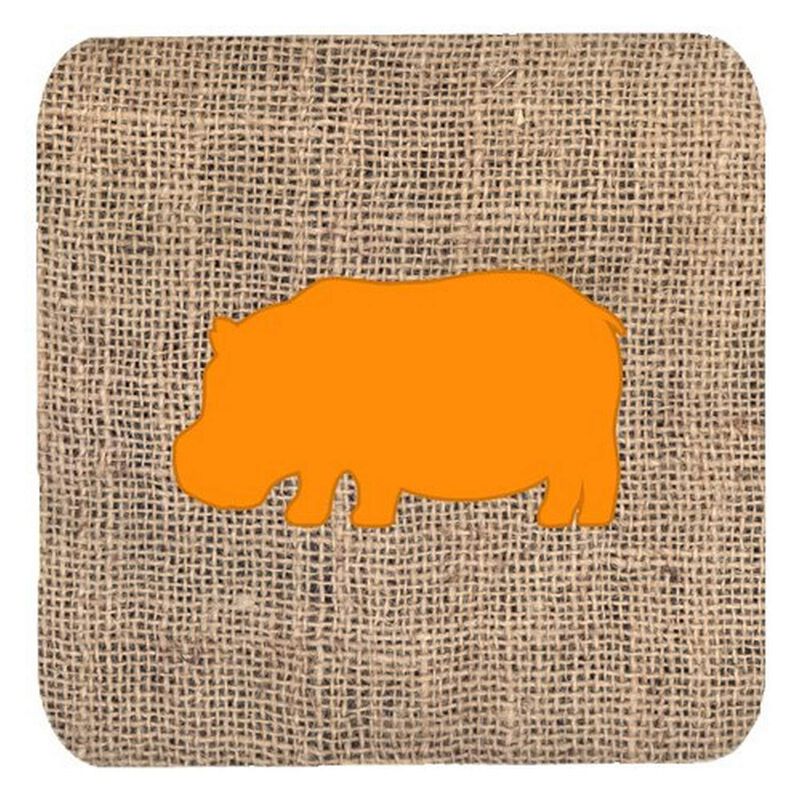 Caroline's Treasures BB1130-BL-OR-FC Hippopotamus Burlap and Orange Foam Coasters (Set of 4), 3.5 H x 3.5 W, Multicolor