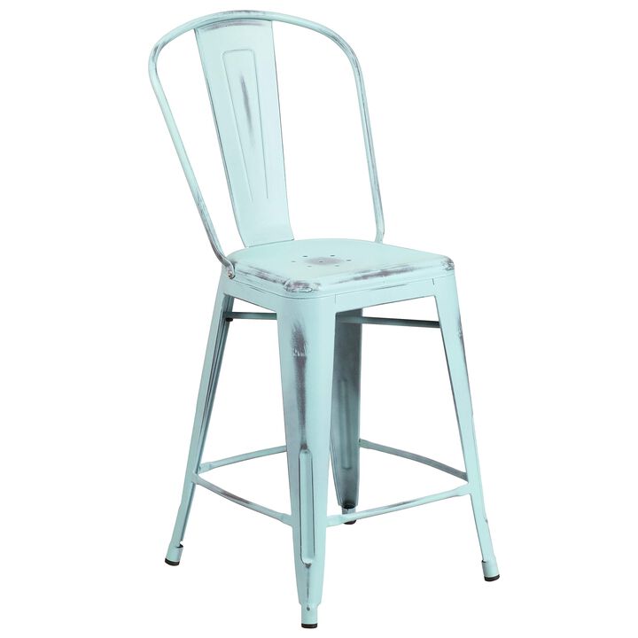 Flash Furniture Carly Commercial Grade 24" High Distressed Green-Blue Metal Indoor-Outdoor Counter Height Stool with Back